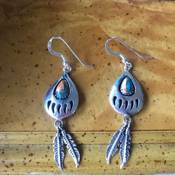 Spiny Oyster Turquoise Sterling Silver Bear Claw Feather Dangle Earrings - Picture 1 of 5